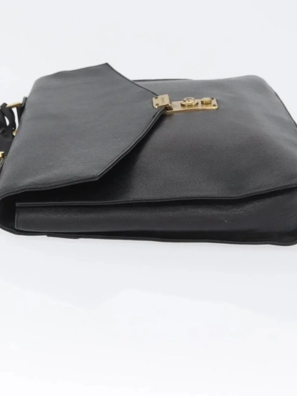 CHANEL Business Bag Grained Calf Skin Black Gold CC Auth ka2603